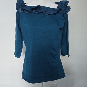 Elegant Blue Ruffle Neck Sweater Blouse